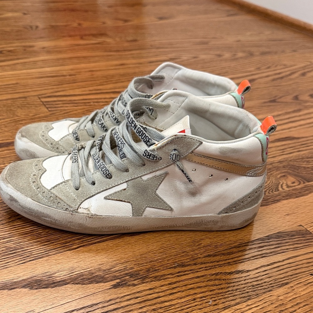 Golden Goose Mid Star High-Top Sneakers - Gray & White with turquoise/hot pink